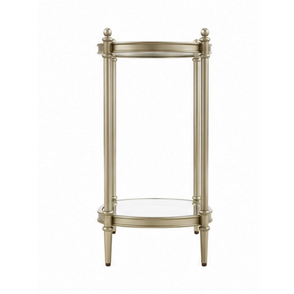 Zora Side End Table | 2 Round Glass Shelves | Champagne Metal 24"