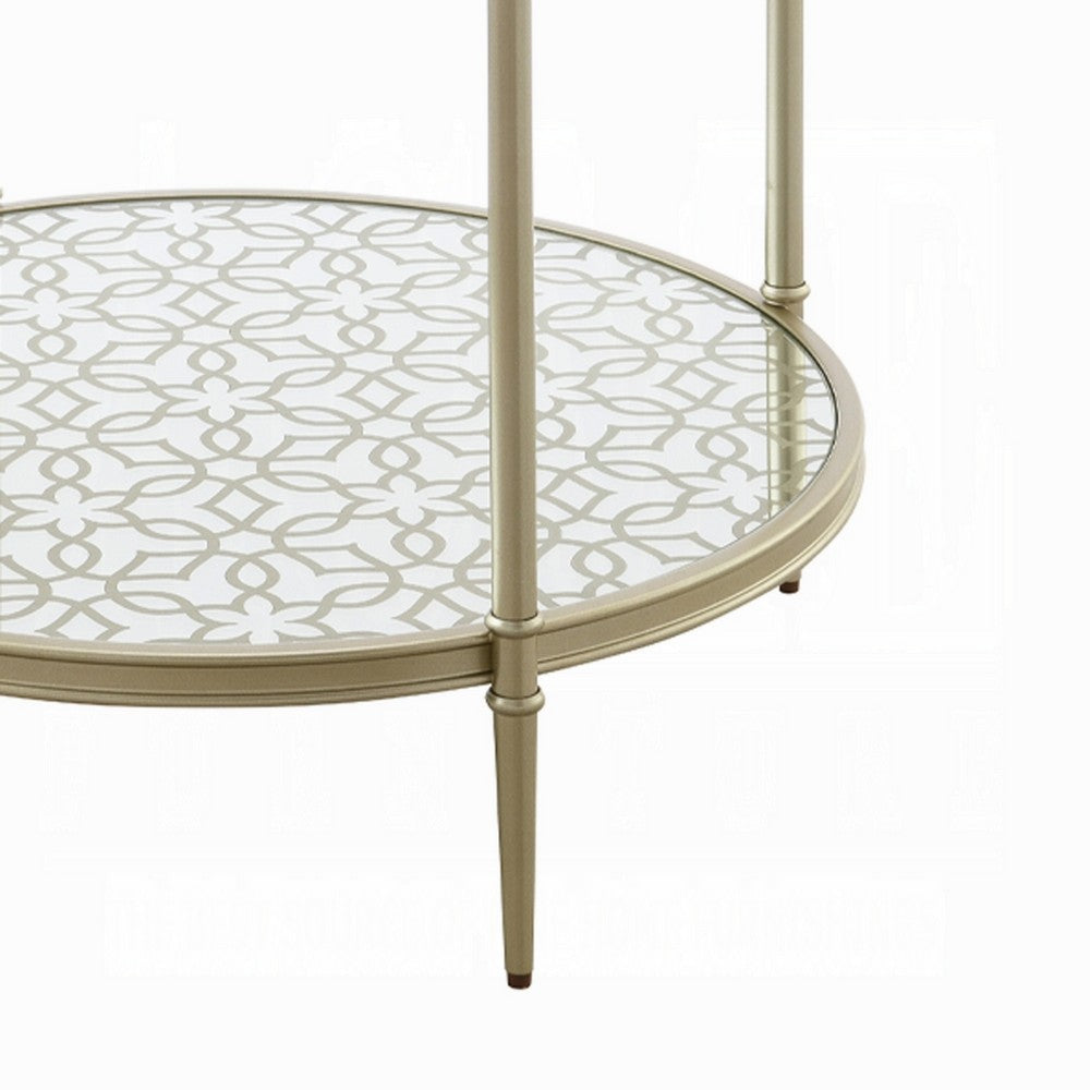 Zora Side End Table | 2 Round Glass Shelves | Champagne Metal 24"