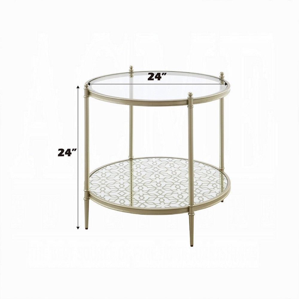 Zora Side End Table | 2 Round Glass Shelves | Champagne Metal 24"