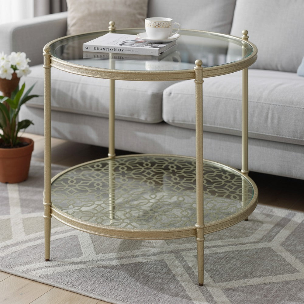Zora Side End Table | 2 Round Glass Shelves | Champagne Metal 24"