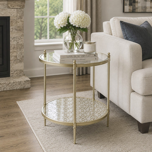 Zora Side End Table | 2 Round Glass Shelves | Champagne Metal 24"