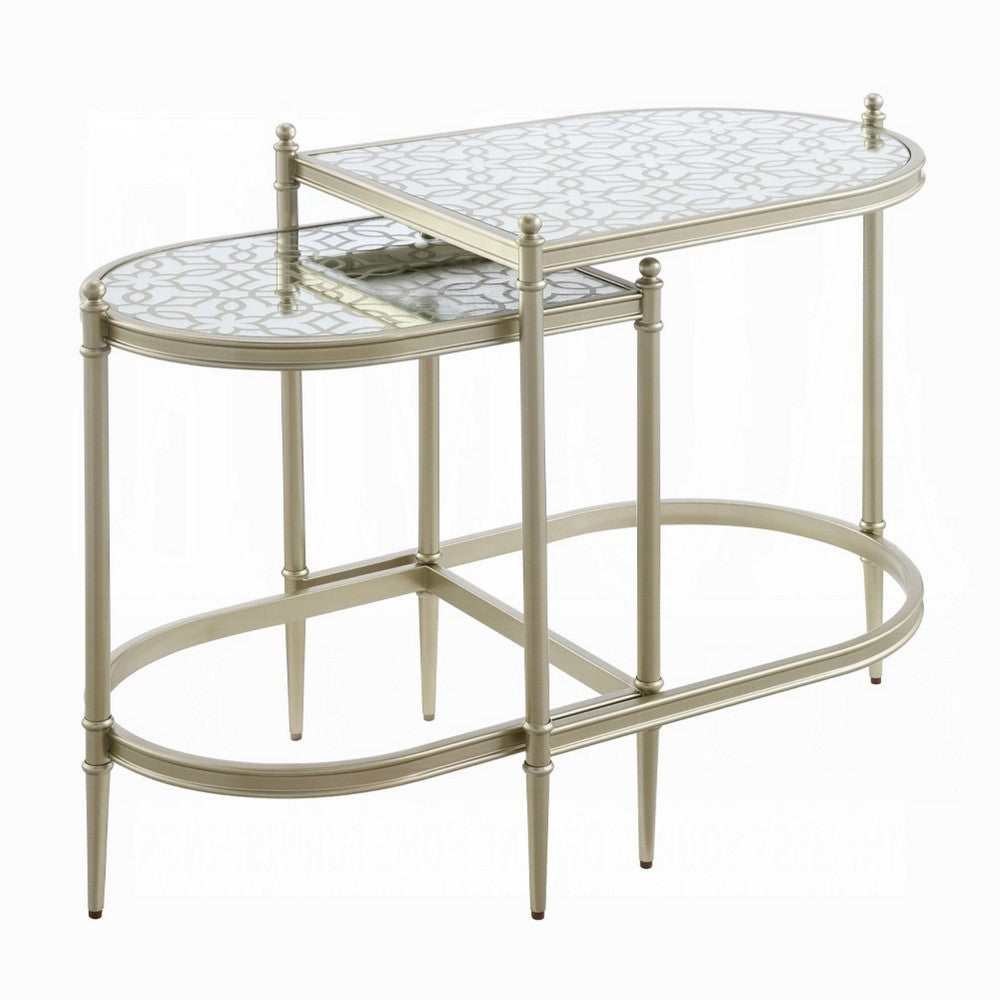 Zora Nesting Table Set of 2 | Semi Oval Glass Tops | Champagne Metal