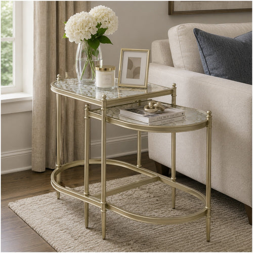 Zora Nesting Table Set of 2 | Semi Oval Glass Tops | Champagne Metal