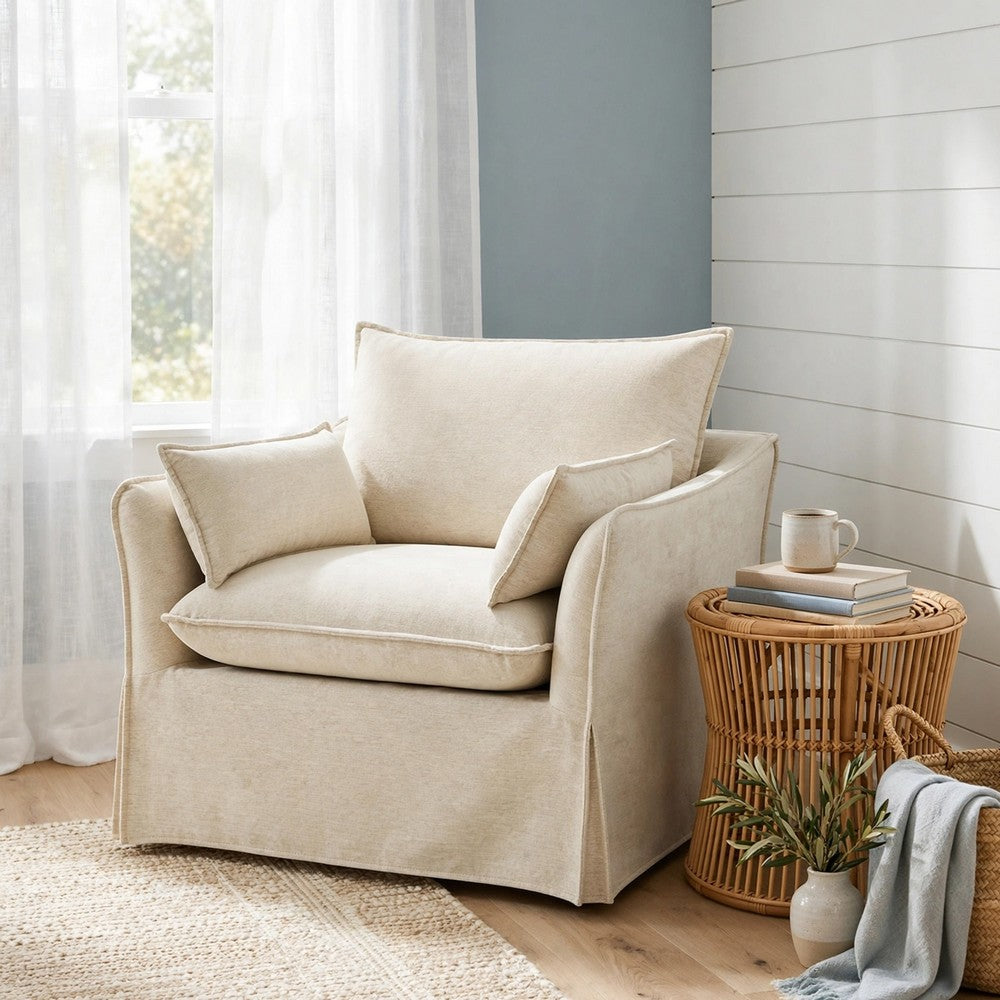Seya Armchair w 2 Pillows | Slipcover Style | Foam Fill Seat | Beige Linen