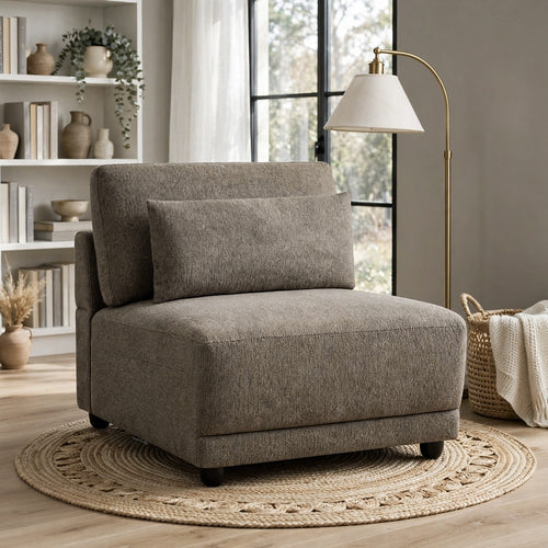 Rily Modular Armless Chair w Lumbar Pillow | Foam Fill Seat | Brown Linen