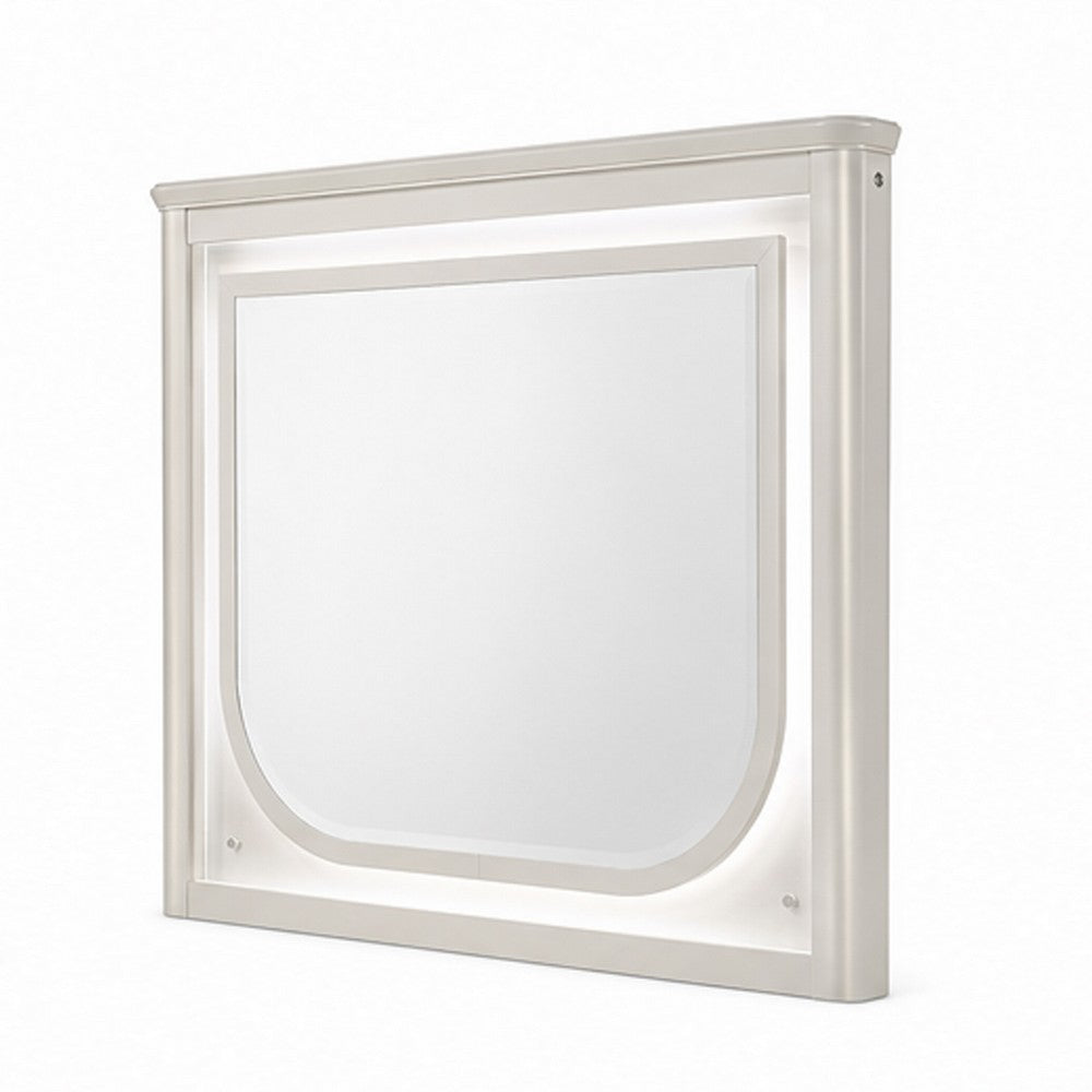 Veda Dresser Mirror w LED | Rectangular L&scape Frame Pearl White 36x45