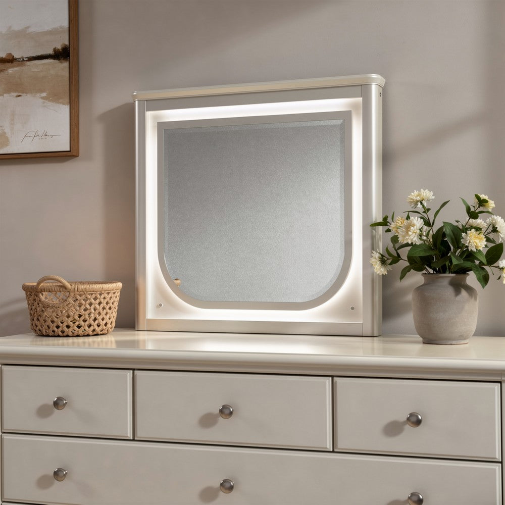 Veda Dresser Mirror w LED | Rectangular L&scape Frame Pearl White 36x45
