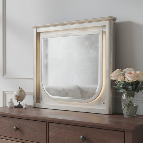 Veda Dresser Mirror w LED | Rectangular L&scape Frame Pearl White 36x45