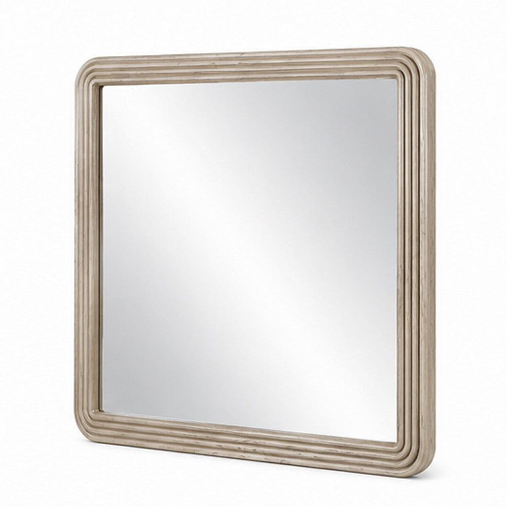 Dery Vanity Dresser Mirror | Ridged Wood Frame | Light Oak Brown | 42x48