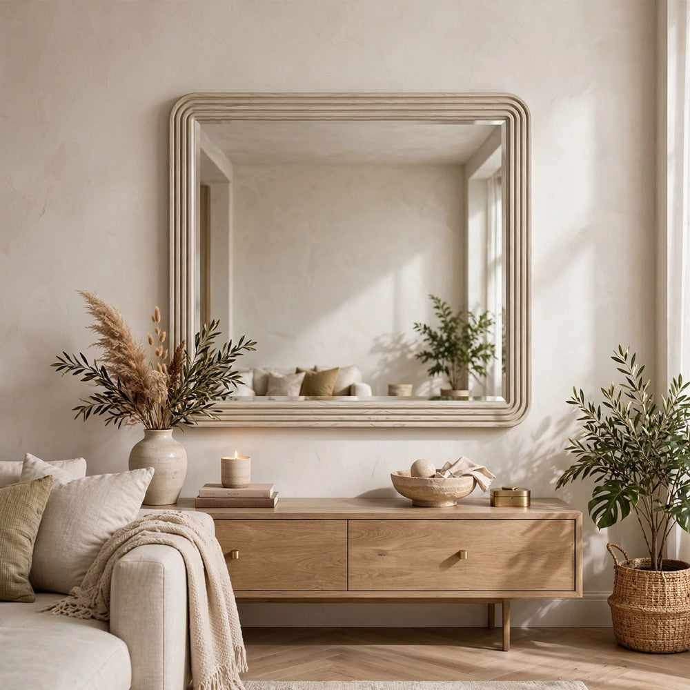 Dery Vanity Dresser Mirror | Ridged Wood Frame | Light Oak Brown | 42x48