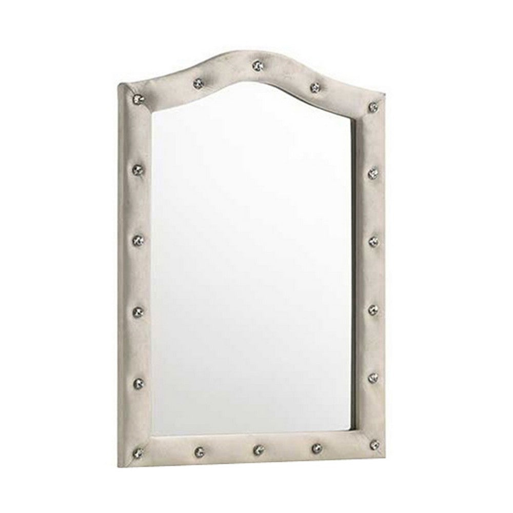 Rex Dresser Mirror | Beige Upholstery | Crystal Accent Camelback Frame | 22x30