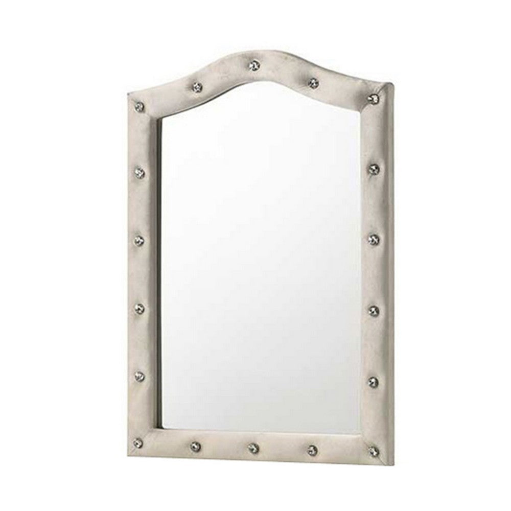 Rex Dresser Mirror | Beige Upholstery | Crystal Accent Camelback Frame | 22x30