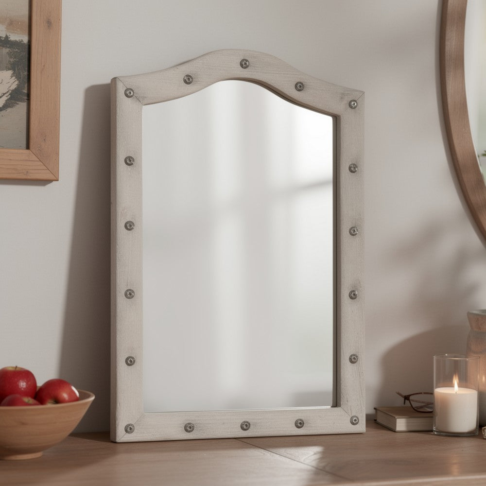 Rex Dresser Mirror | Beige Upholstery | Crystal Accent Camelback Frame | 22x30