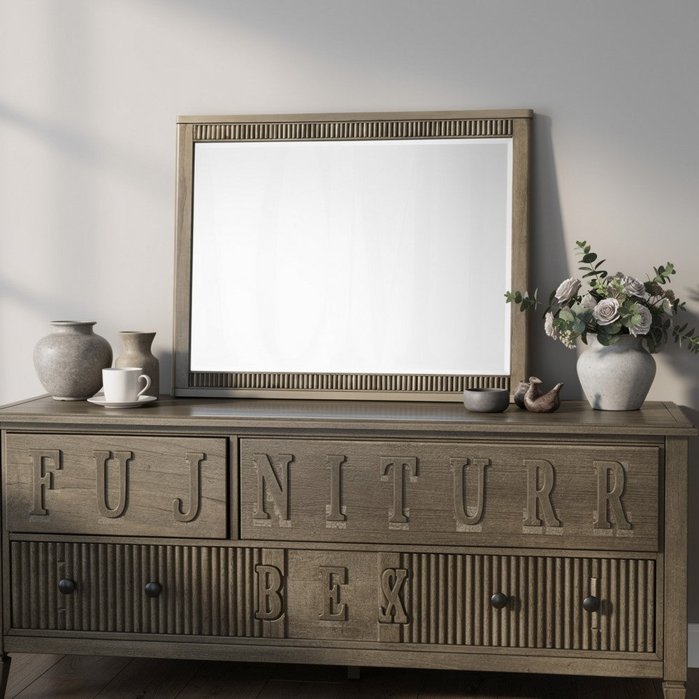 Leky Dresser Mirror | Ribbed Wooden Frame | Antique Oak Brown | 38x43