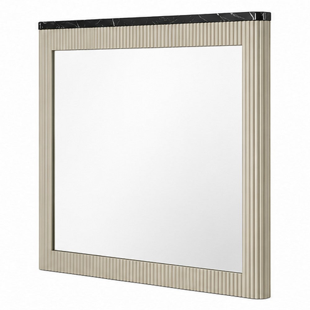 Trex Dresser Mirror | Black Faux Marble Top | 37x40 Beige Reeded Frame