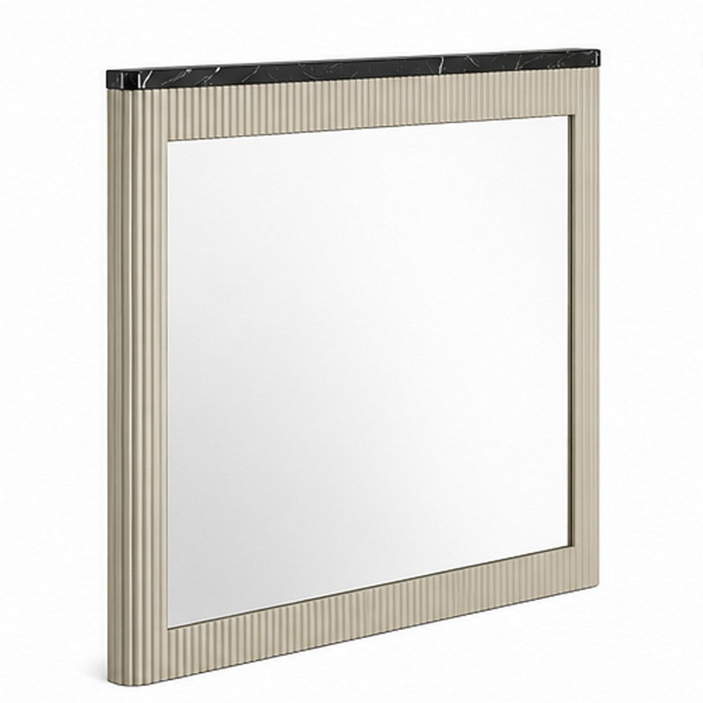 Trex Dresser Mirror | Black Faux Marble Top | 37x40 Beige Reeded Frame