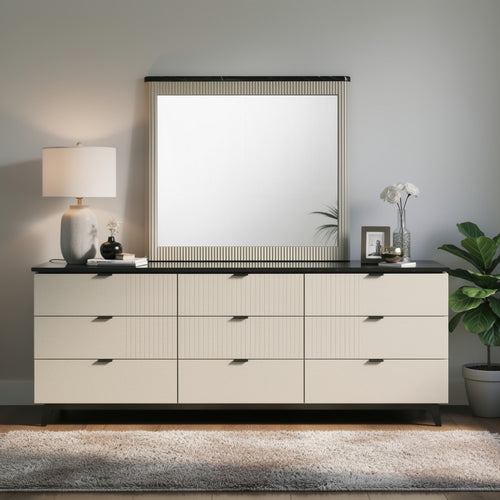 Trex Dresser Mirror | Black Faux Marble Top | 37x40 Beige Reeded Frame