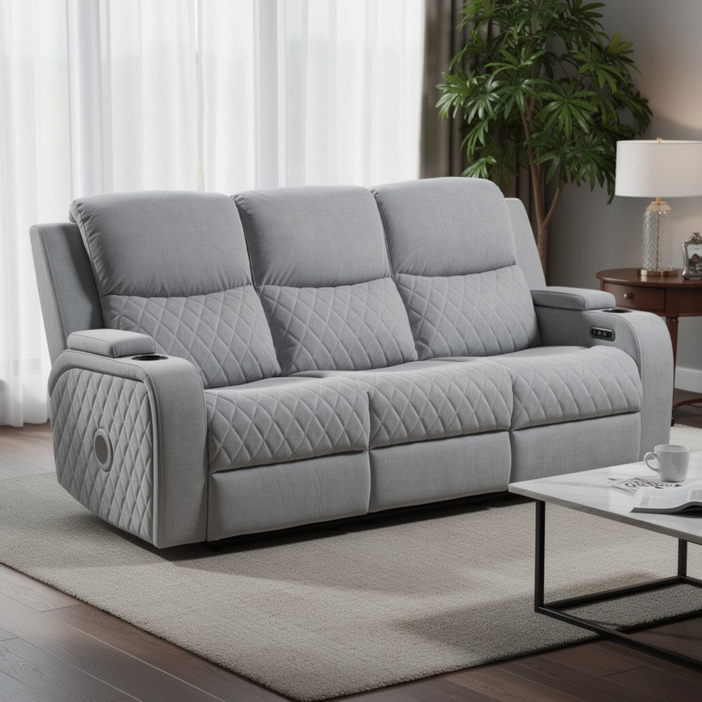 Ely Power Recliner Sofa with LED | Speakers | Gray Faux Leather | 83"