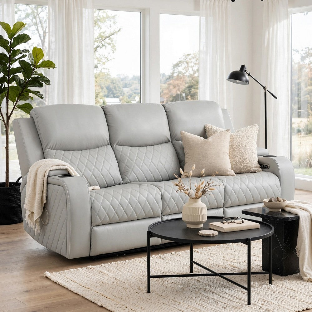 Ely Power Recliner Sofa with LED | Speakers | Gray Faux Leather | 83"