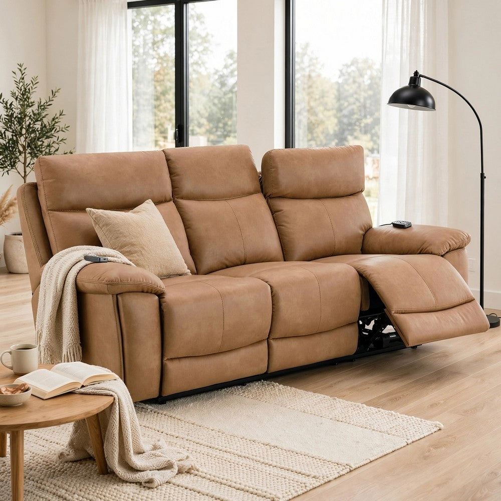 Kima Power Motion Recliner Sofa with USB | Brown Leather Aire | 85"