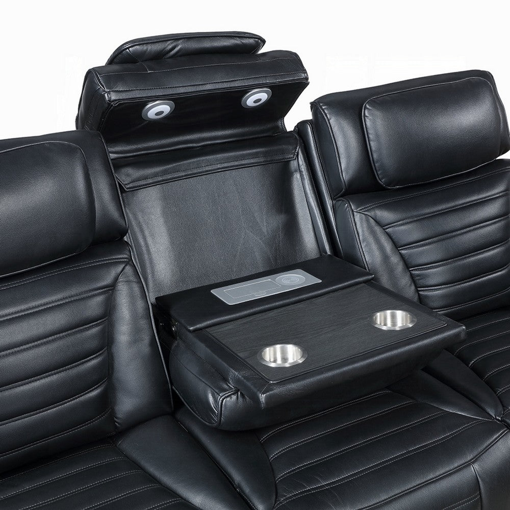 Pera Power Recliner Sofa with Dropdown Table | Black Leather Aire | 86"