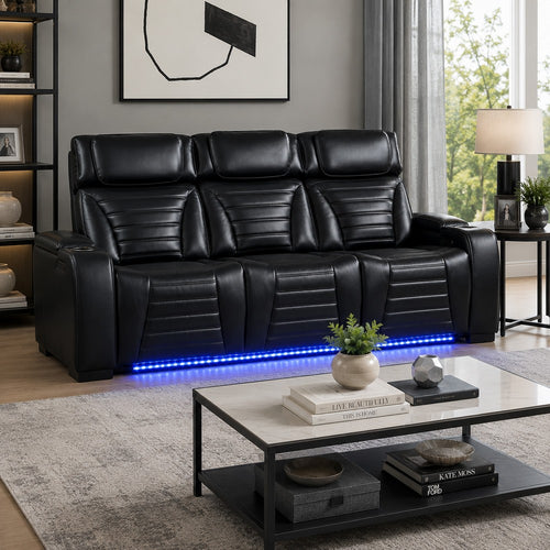 Pera Power Recliner Sofa with Dropdown Table | Black Leather Aire | 86"