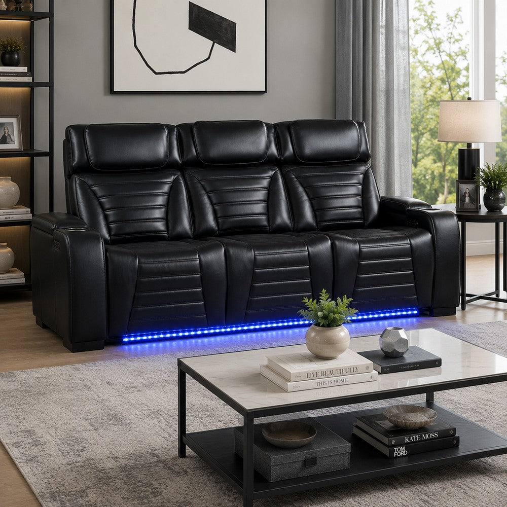 Pera Power Recliner Sofa with Dropdown Table | Black Leather Aire | 86"