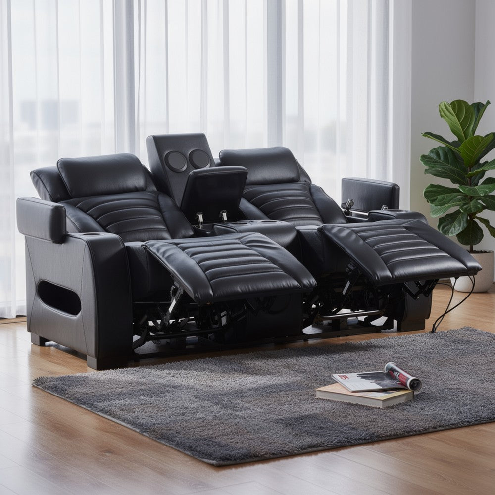 Pera Power Motion Loveseat with Console | Black Leather Aire | 75"