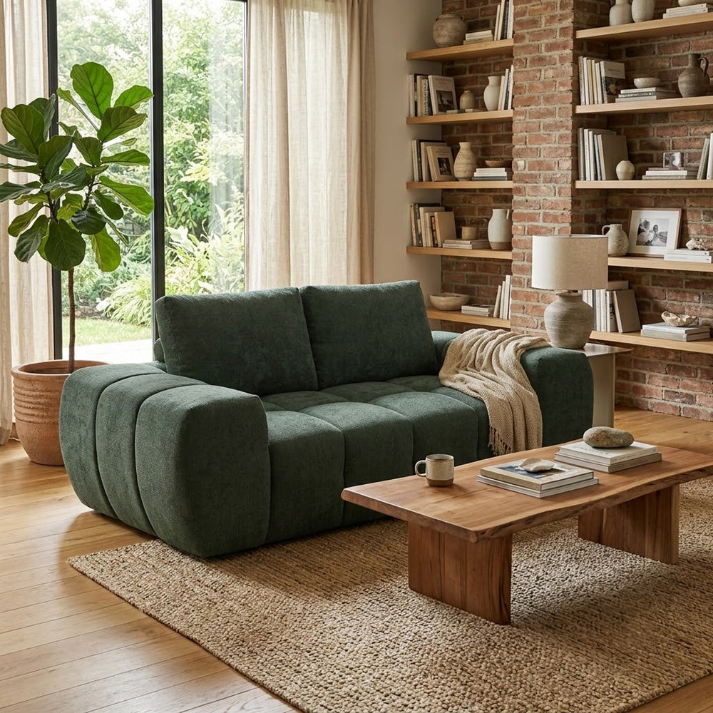 Joe Compressed Sofa | Track Arms | Grid Tufted Green Linen | 76"