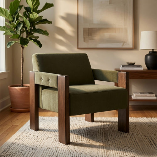 Live Accent Chair with Espresso Brown Wood Frame | Olive Green Tufted Velvet