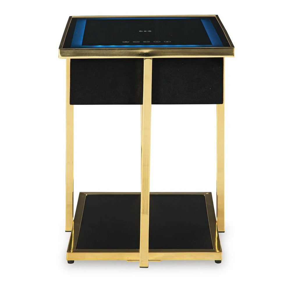 Rexy Accent Table with Built-In Speaker | Gold Metal | Black Mirror | 22"