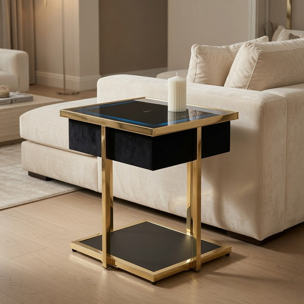 Rexy Accent Table with Built-In Speaker | Gold Metal | Black Mirror | 22"