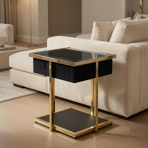 Rexy Accent Table with Built-In Speaker | Gold Metal | Black Mirror | 22"
