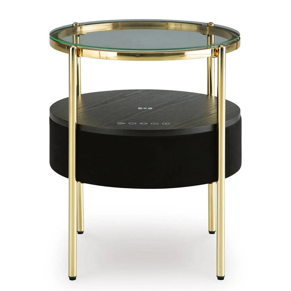 Noddy Accent Table with Glass Top | Built-In Speaker | Gold Metal | 22"