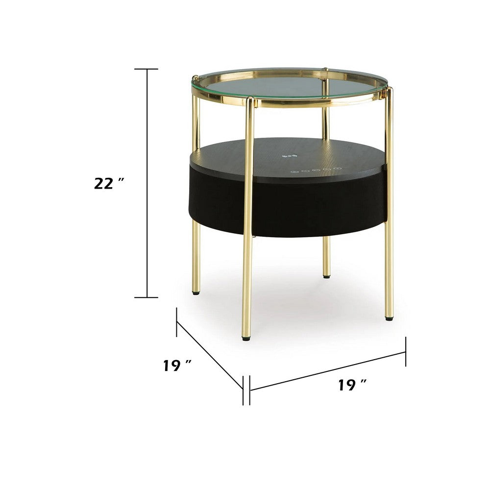 Noddy Accent Table with Glass Top | Built-In Speaker | Gold Metal | 22"