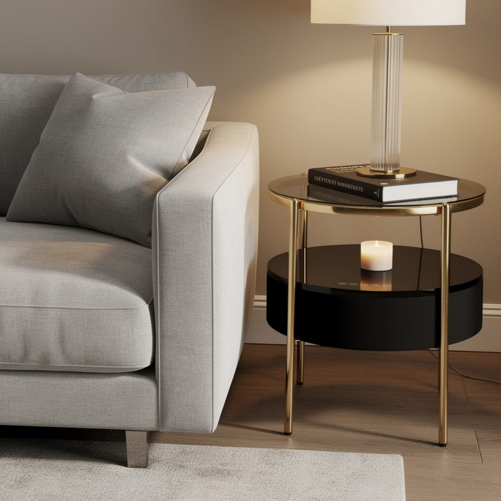 Noddy Accent Table with Glass Top | Built-In Speaker | Gold Metal | 22"