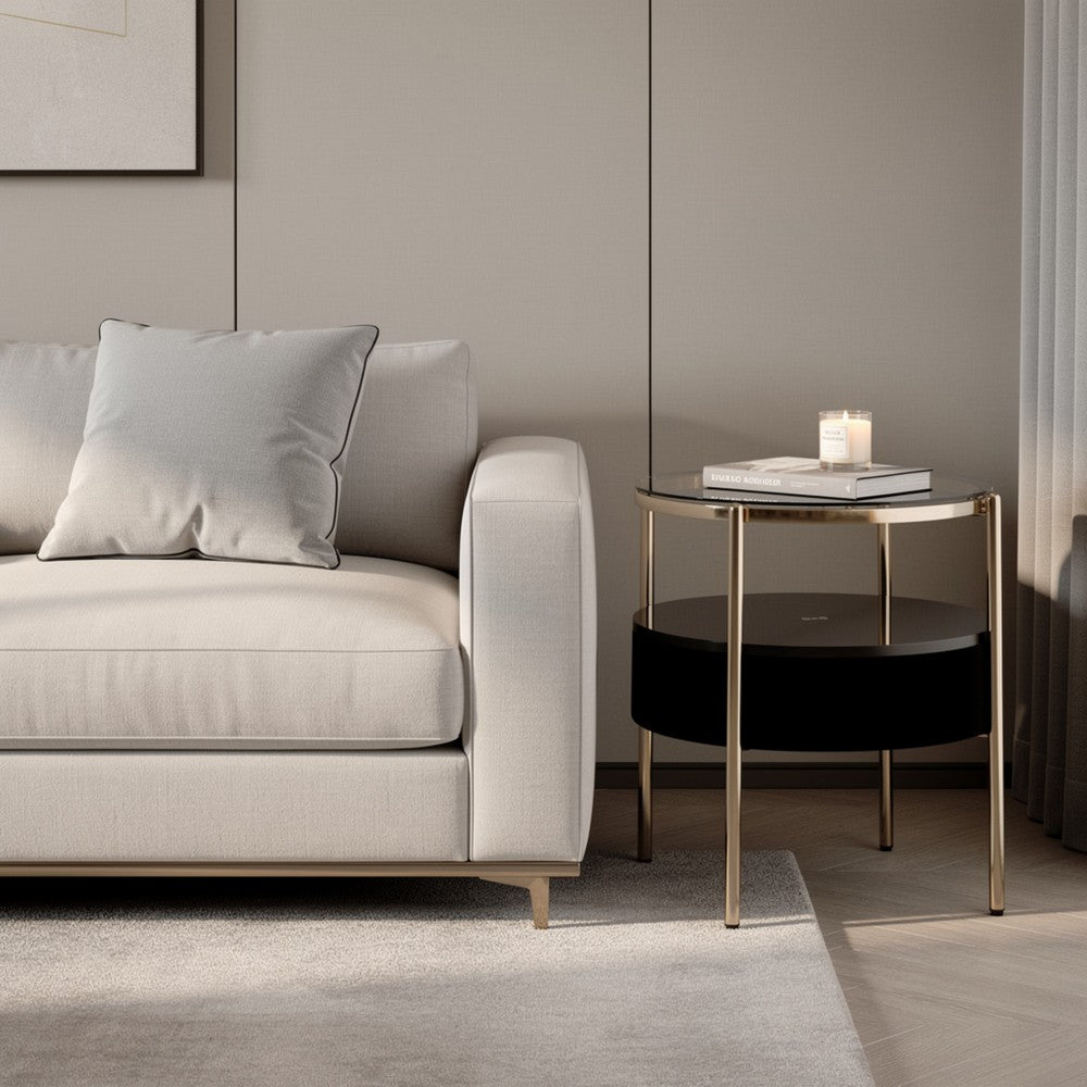 Noddy Accent Table with Glass Top | Built-In Speaker | Gold Metal | 22"