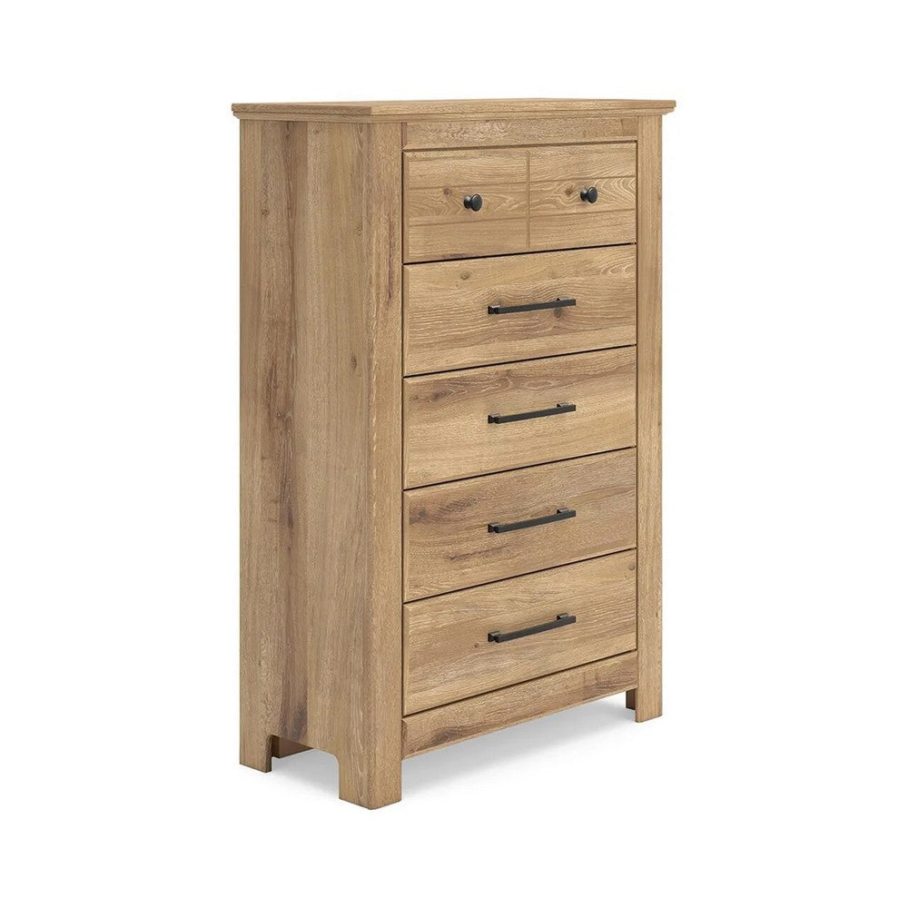 Maki Tall Dresser Chest | 5 Drawers | Natural Brown Finish & Bronze Knobs
