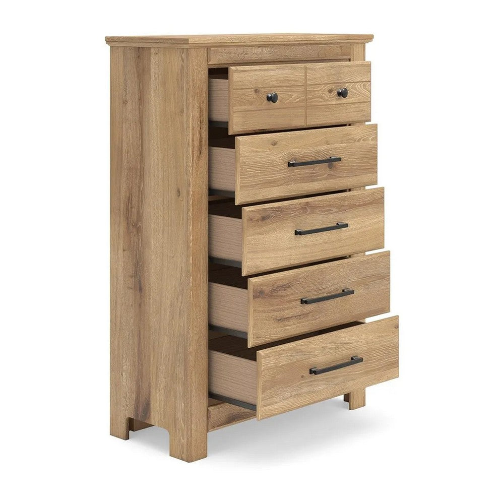 Maki Tall Dresser Chest | 5 Drawers | Natural Brown Finish & Bronze Knobs