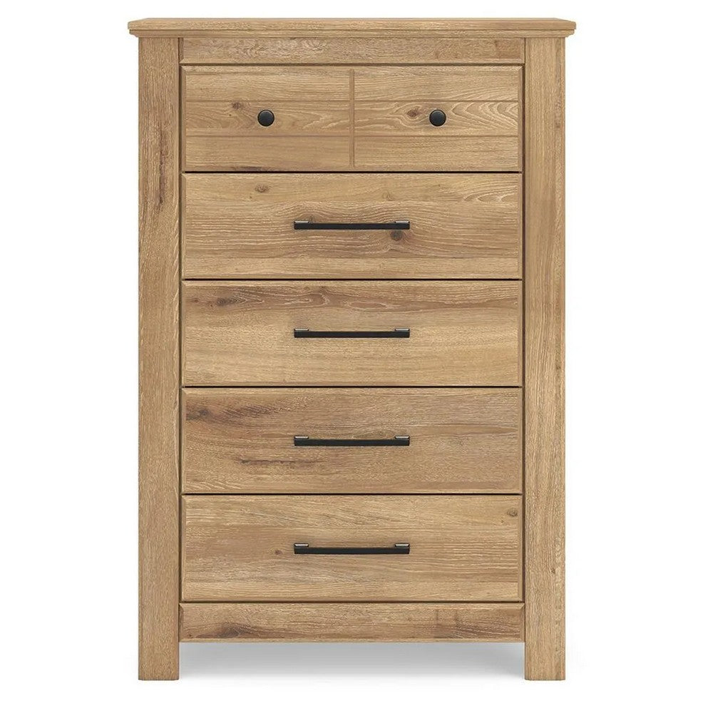 Maki Tall Dresser Chest | 5 Drawers | Natural Brown Finish & Bronze Knobs