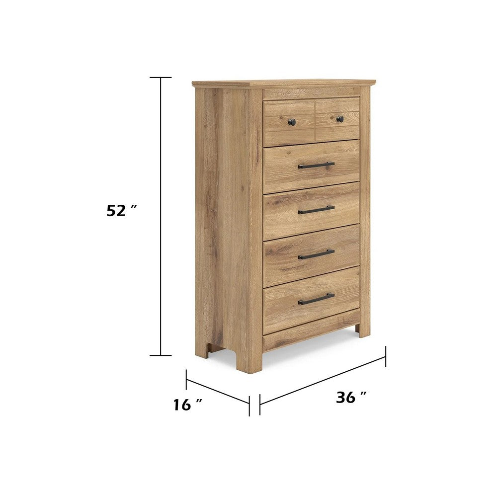 Maki Tall Dresser Chest | 5 Drawers | Natural Brown Finish & Bronze Knobs