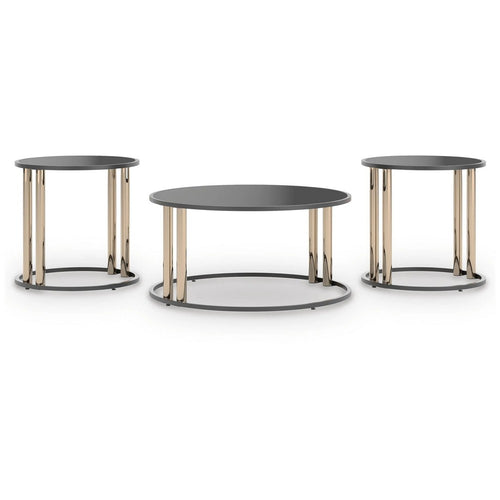 Hanah 3Pc Round Table Set with Goldtone Metal Accents | Black Glass