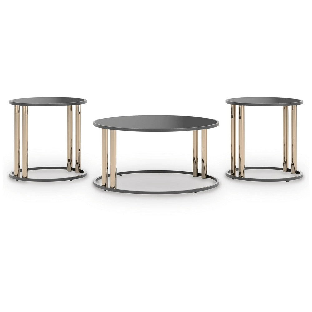 Hanah 3Pc Round Table Set with Goldtone Metal Accents | Black Glass