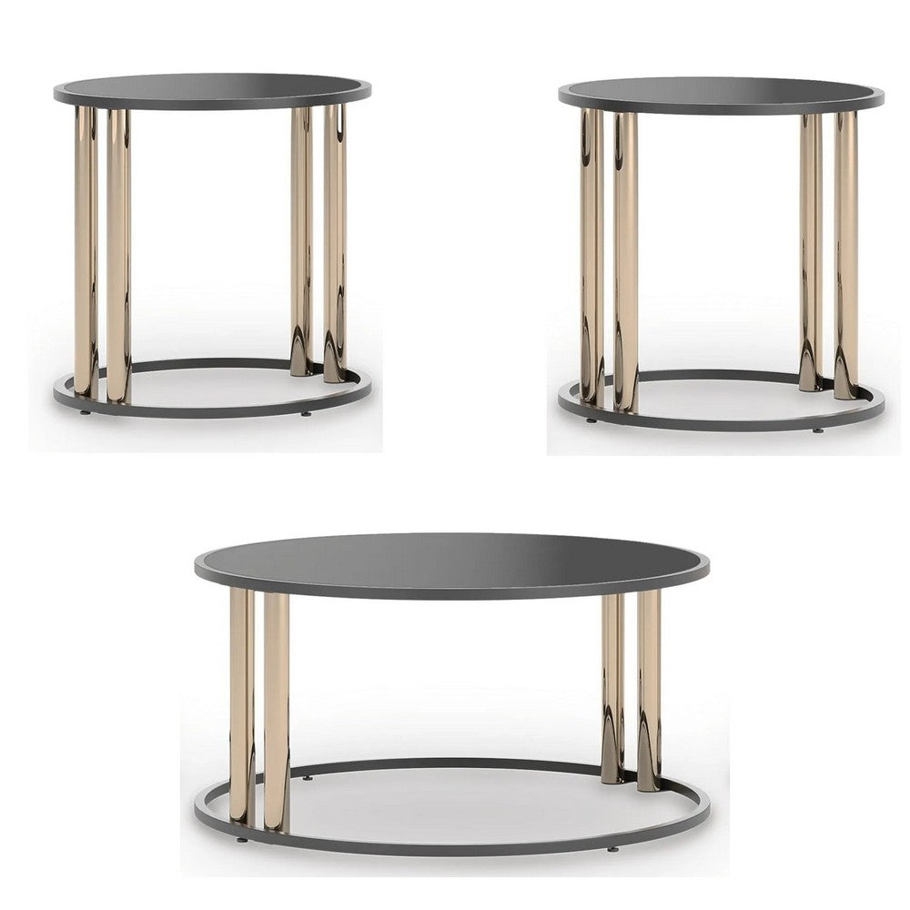 Hanah 3Pc Round Table Set with Goldtone Metal Accents | Black Glass