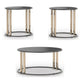 Hanah 3Pc Round Table Set with Goldtone Metal Accents | Black Glass
