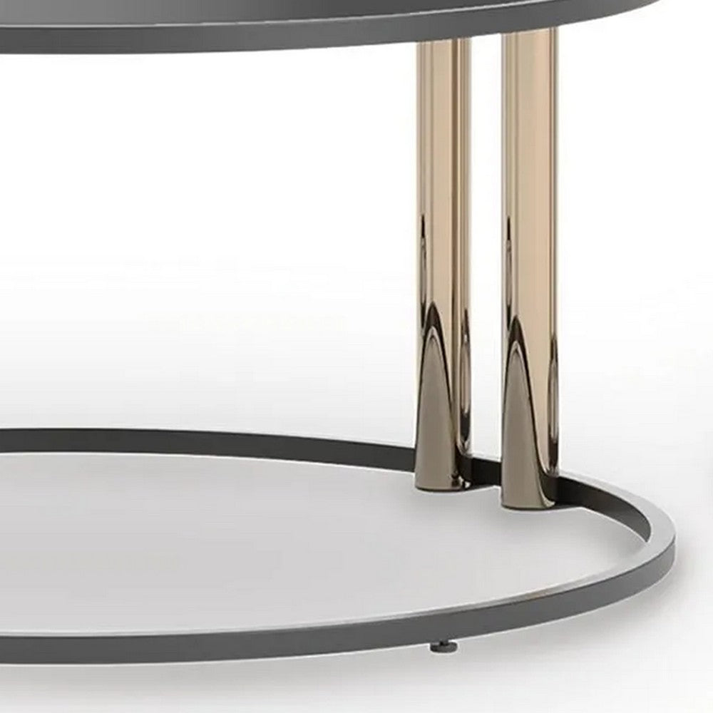 Hanah 3Pc Round Table Set with Goldtone Metal Accents | Black Glass
