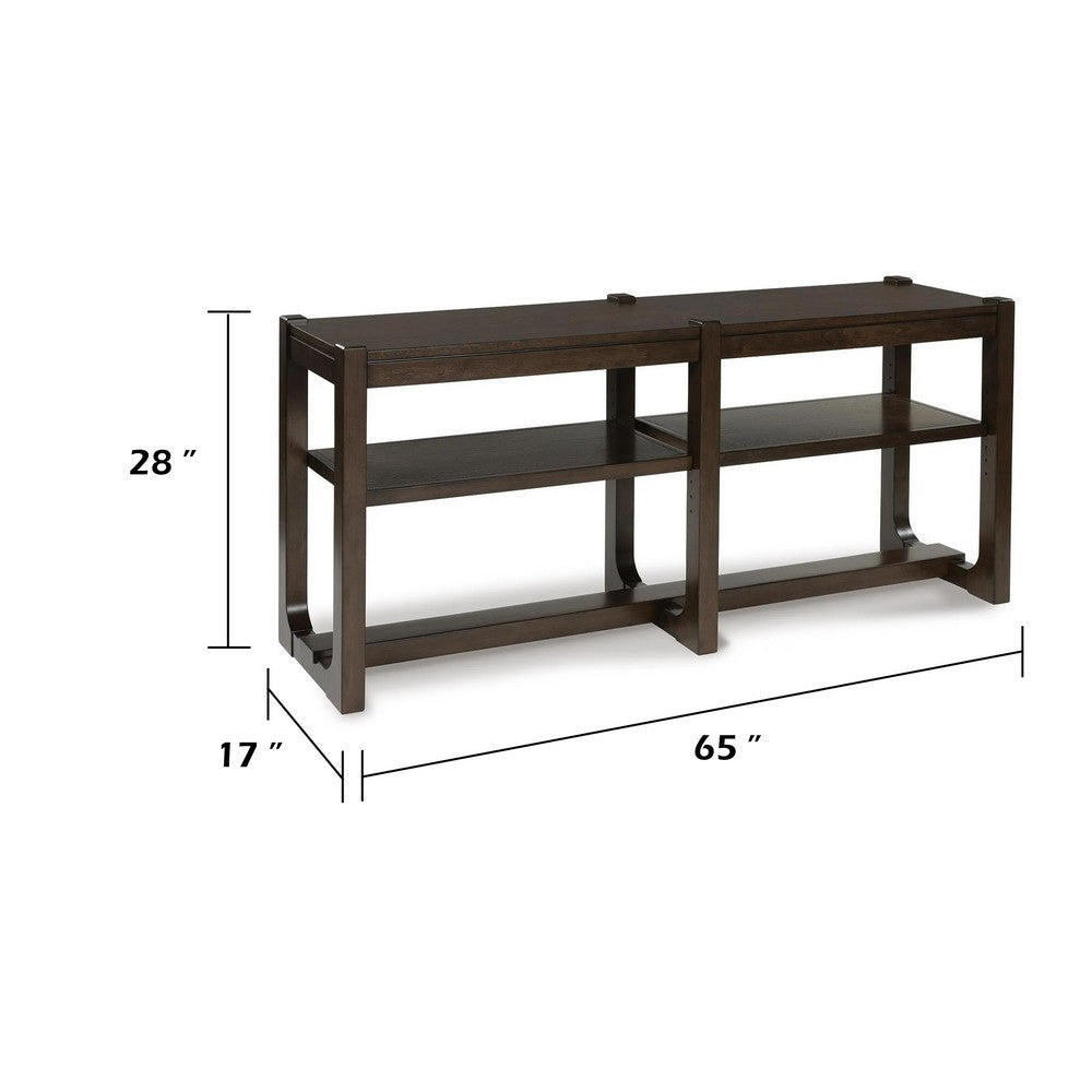 Kemu Sofa Console Table | 2 Adjustable Shelves | Dark Brown Wood 65"