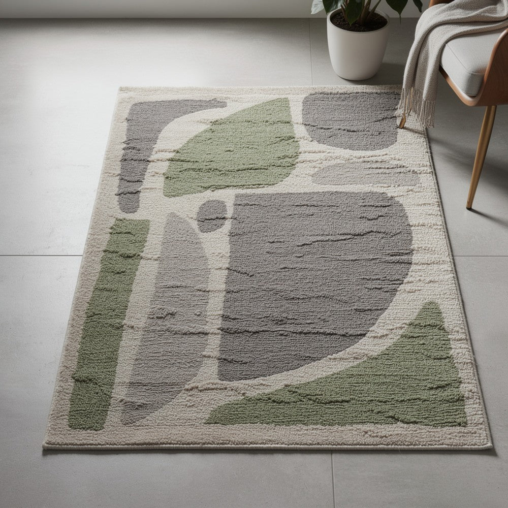 Abram 8x10 Large Area Rug with Green-Gray Geometric Blocks | Ivory