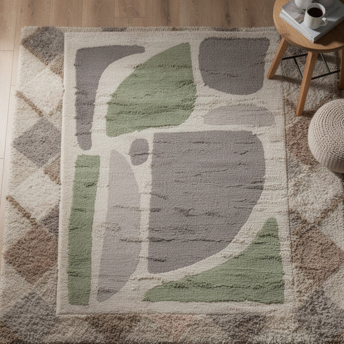 Abram 8x10 Large Area Rug with Green-Gray Geometric Blocks | Ivory
