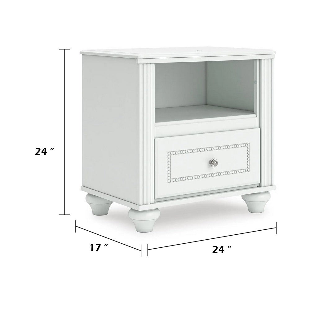 Koze Nightst& with Beaded Drawer & Open Cubby | White Wood 23"